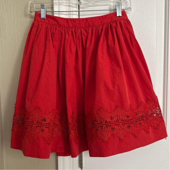 Women's Red Skater Skirt Lace Trim Pleated Flounce Fit Pockets Size M - Picture 2 of 10